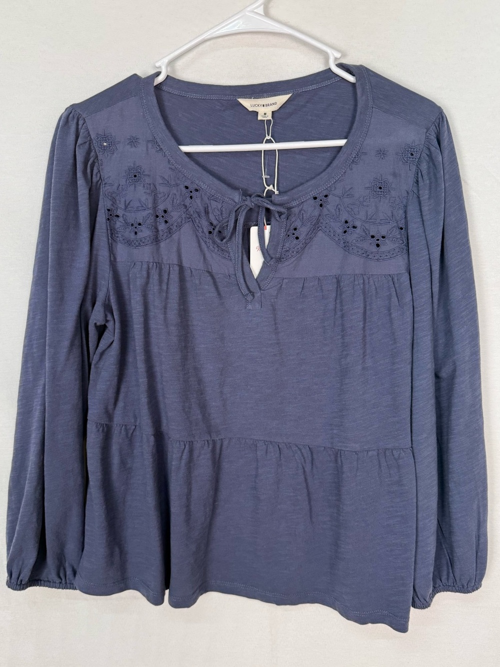 Lucky Brand Long Sleeve Embroidered Tie-Neck Top in Slate Blue